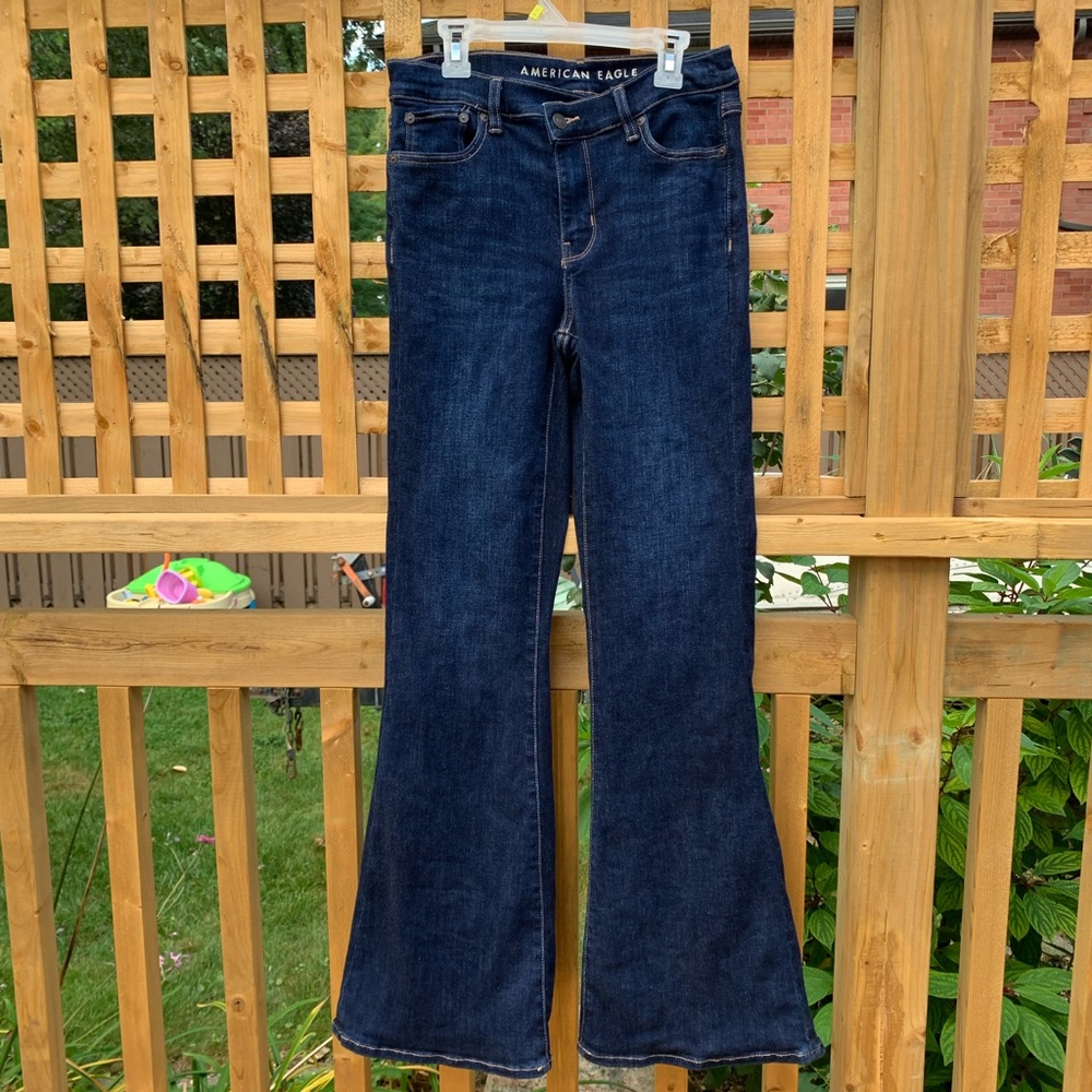 American Eagle Next Level Stretch Asymmetrical Super High Rise Flares